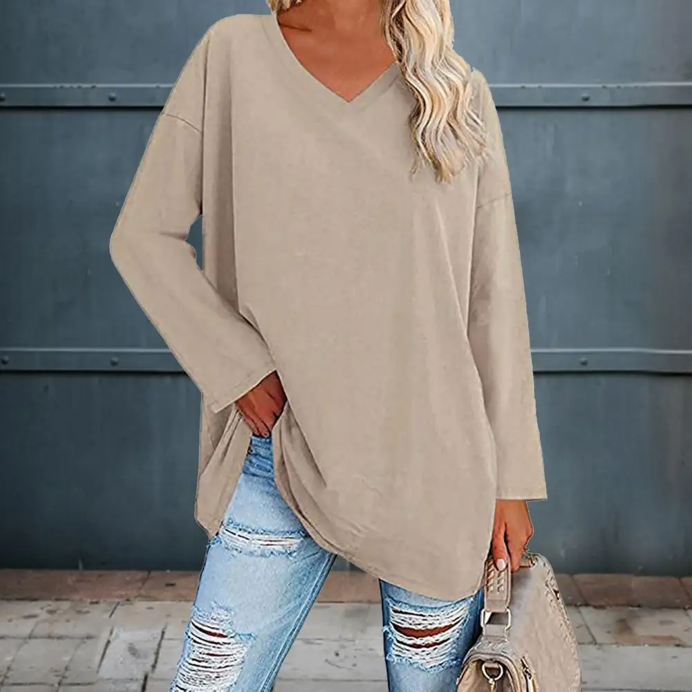 Fashion T-shirt Top  Breathable Stretchy Autumn Top  Solid Color Loose Lady Tunic Blouse