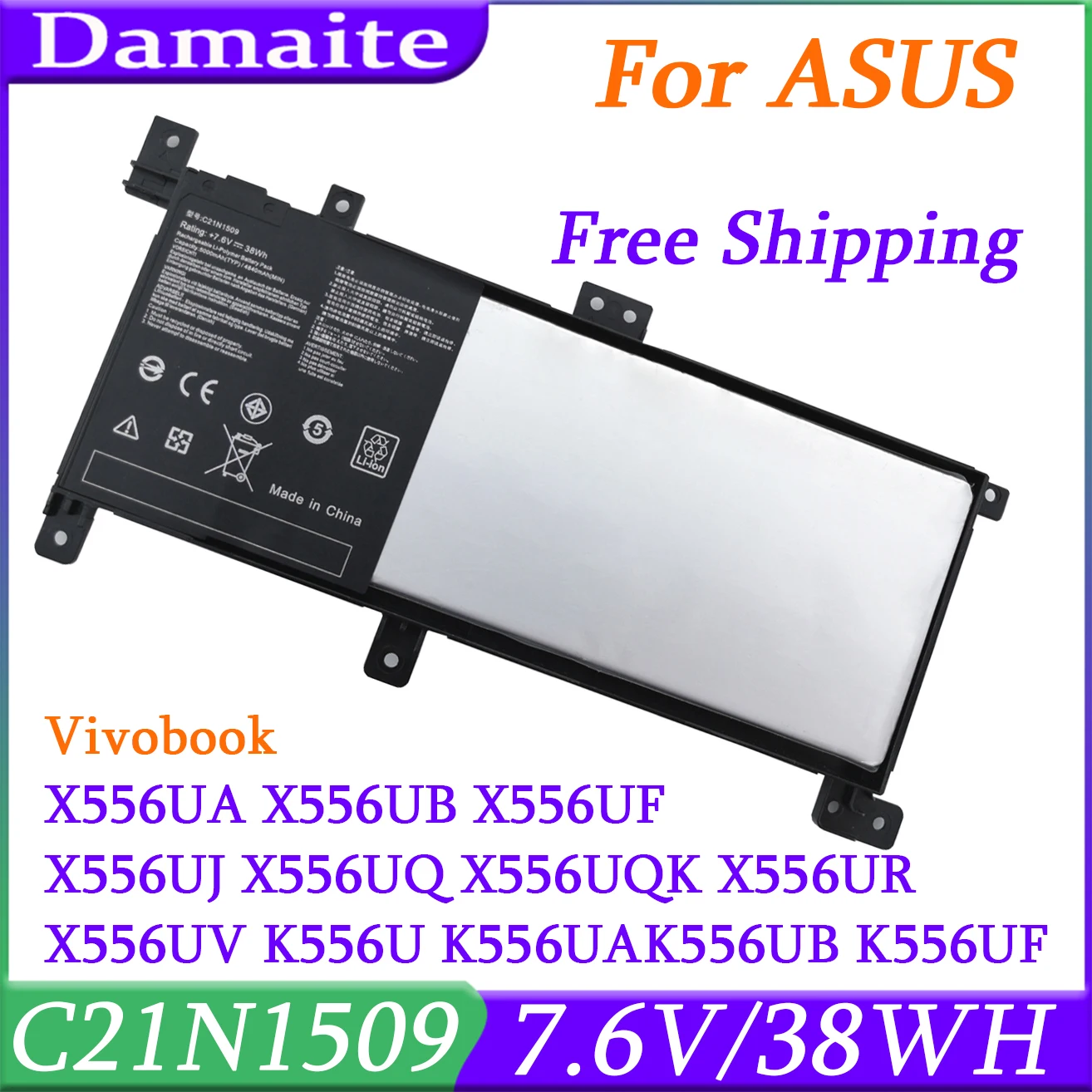 

C21N1509 Battery For ASUS Vivobook F556U FL5900U A556U K556U K556UA K6UB X556U X556UA X556UB X556UJ 7.6V 38WH Laptop