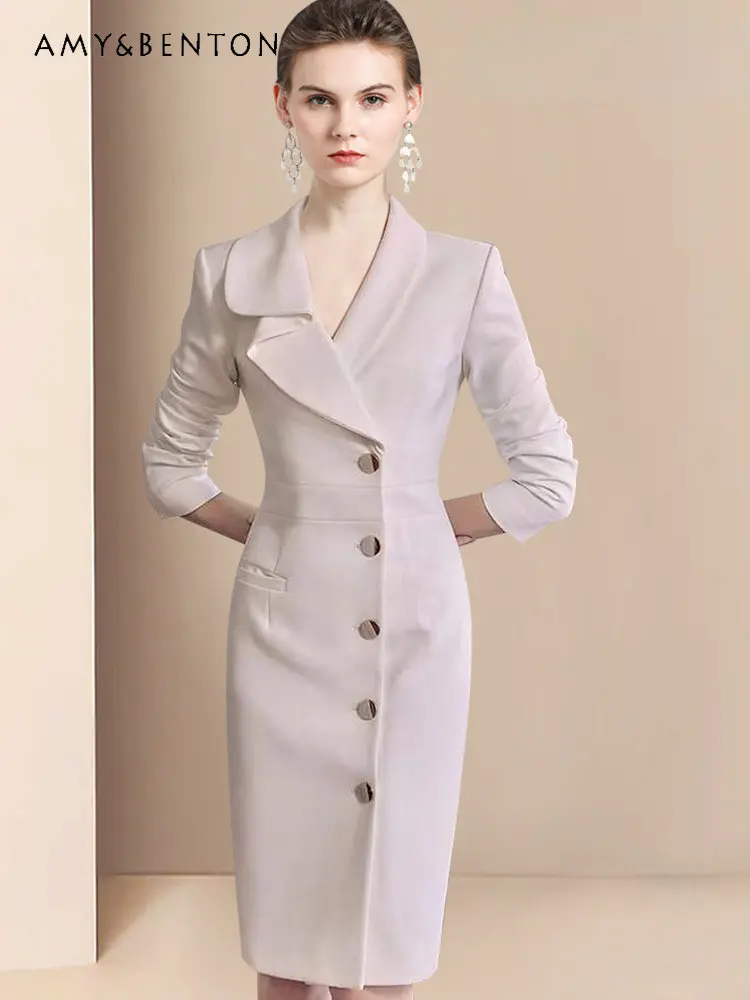 

2023 Spring Autumn High-Grade Business Wear White Suit Dress Fashionable Elegant Slim-Fit Sheath Overalls Single-Breasted Dress