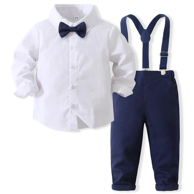 4Piece Spring Fall Baby Boy Clothes Korean Fashion Gentleman Cotton Long Sleeve Shirt+Pants+Tie+Straps Kids Clothing Set BC2484