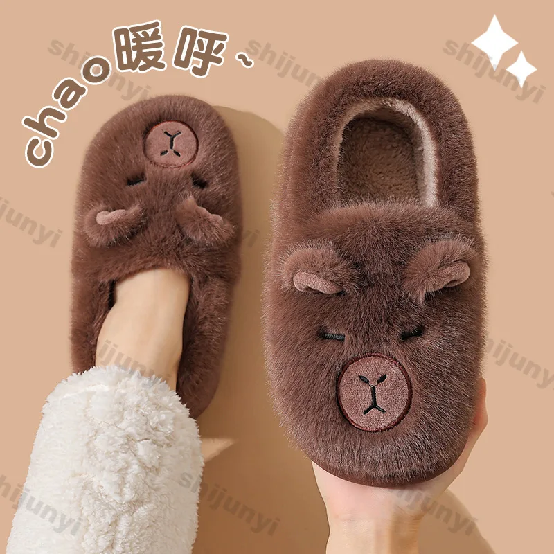 لطيف كابيبارا نعال من القطن للأطفال شتاء 2025 جديد دافئ رقيق أحذية المنزل للأزواج المضادة للانزلاق نعال قماش للنساء #5