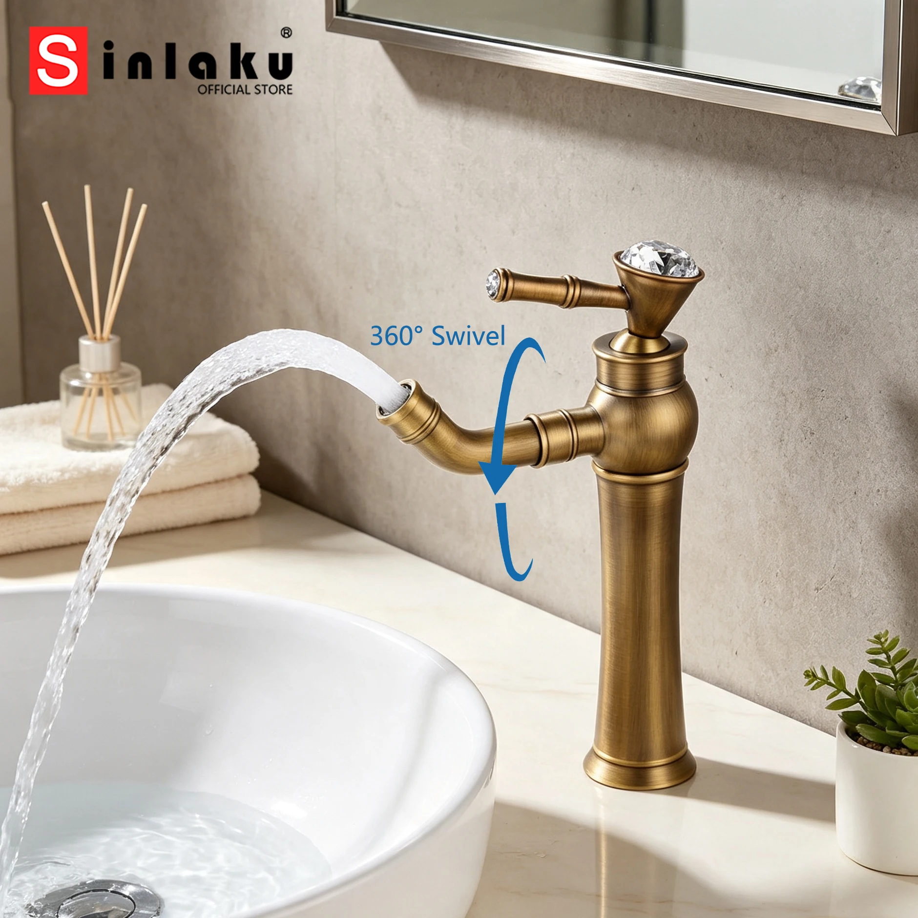 SINLAKU Luxury European Black Gold Antique Diamond Bathroom Basin Faucet Vessel Sink 360 Swivel Spout Faucets Bath Mixer Tap
