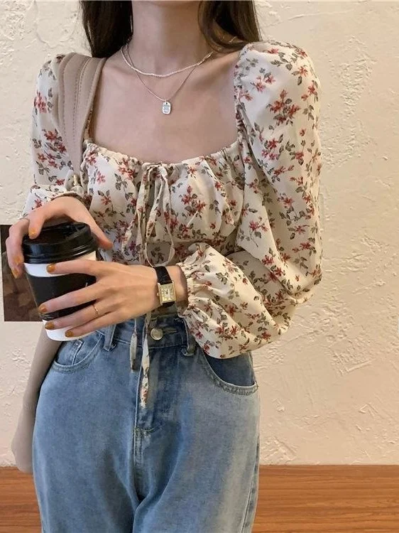 

Модная женская блузка для ранней весны с квадратным вырезом, короткими рукавами-фонариками, цветочным принтом, приталенного кроя, с длинными рукавами, во французском стиле