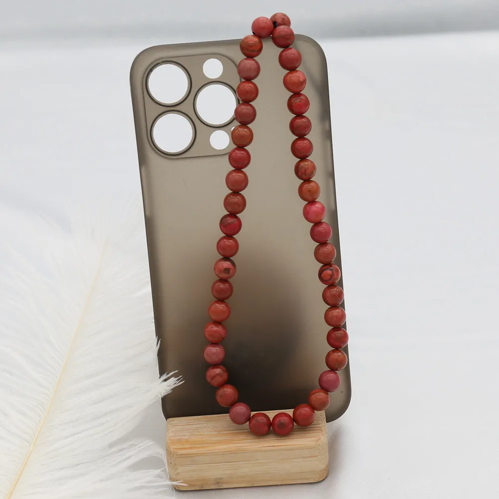 8MM Red Stone Mobile Phone Chains for Women Men Beaded Lanyard Hanging Cord Telephone Strap Anti Lost