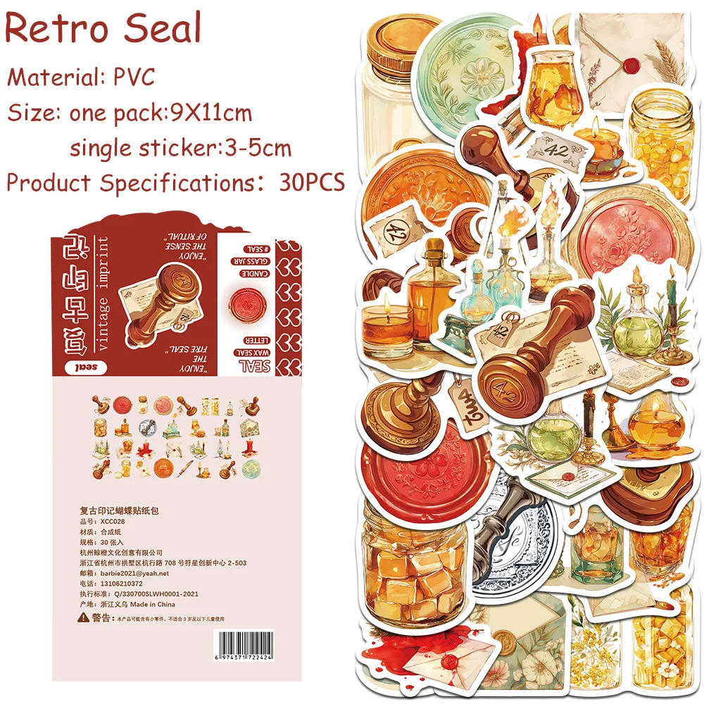 

30pcs/pack Retro Seal Sticker Pack Decals For Phone Laptop Suitcase Scrapbook Guitar DIY Aesthetic Stickers Kids Toys Gifts