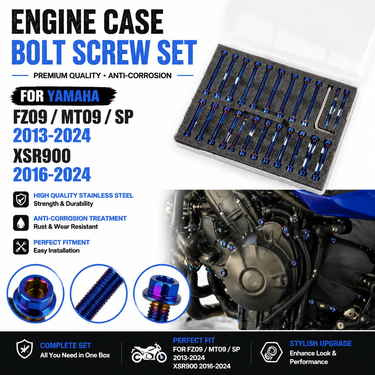 For Yamaha FZ09 MT09 SP 2013-2024 XSR900 2016-2024 Motorcycle Engine Case Bolt Screw Set Blue Stainless Steel Fasteners