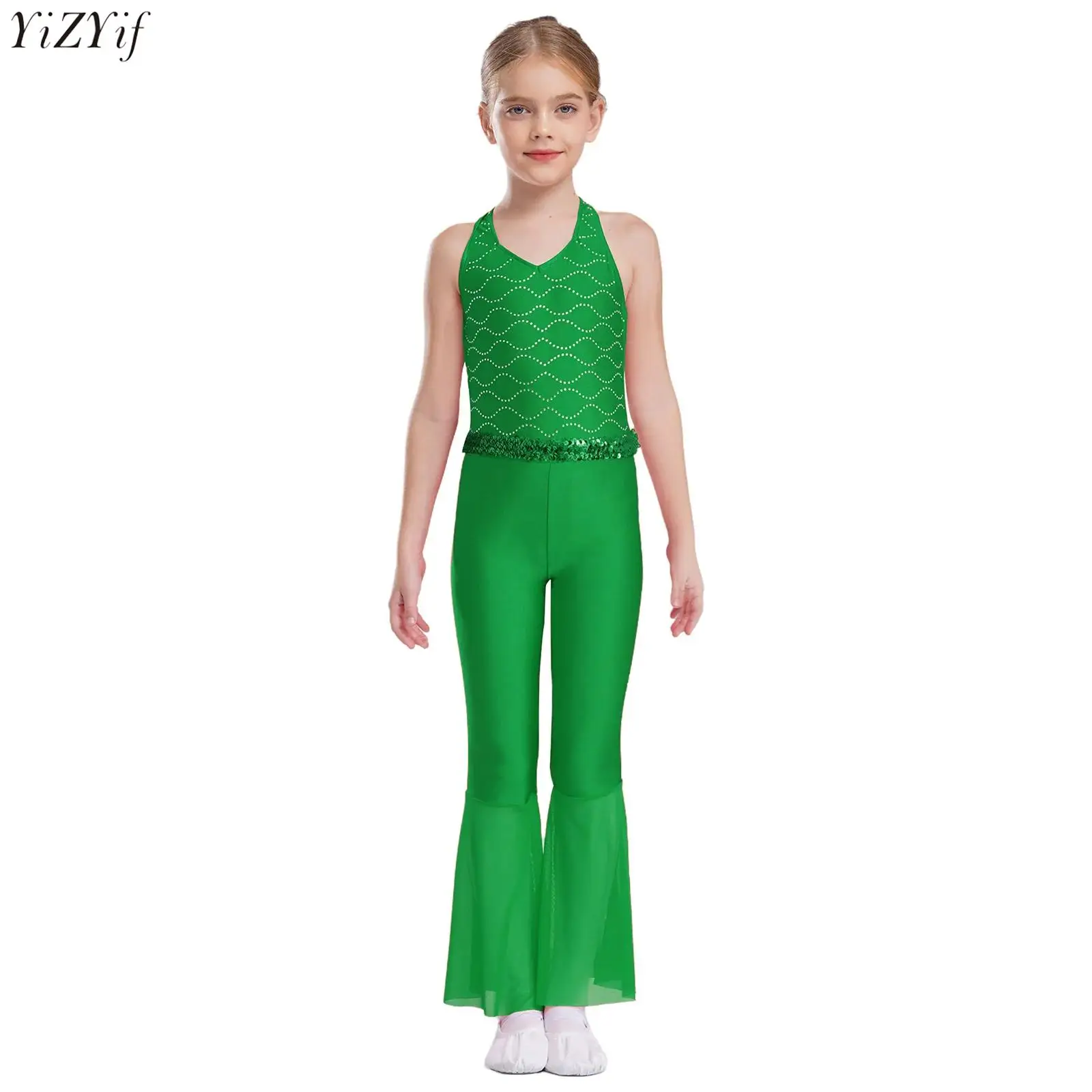 

Kids Girls 70s 80s Disco Jazz Dance Jumpsuit Halter Sheer Mesh Bell-Bottom Full Body Leotard Bodysuit for Latin Tango Dancing