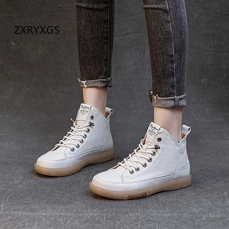 

ZXRYXGS 2025 Top Layer Cowhide High Top Sneakers Women's Leather Boots Black White Autumn Winter Sneakers Fashion Casual Shoes