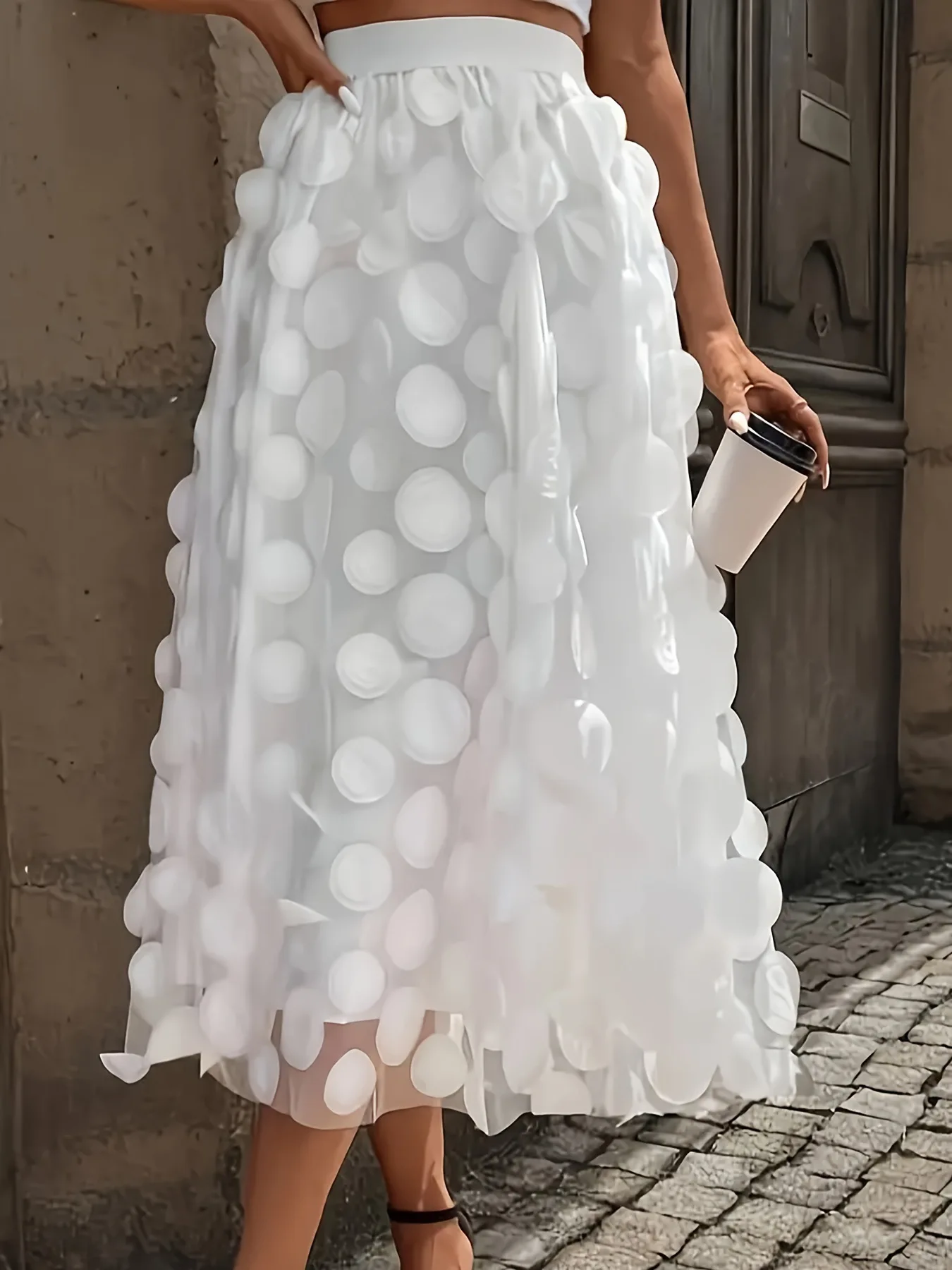 Women Polka Dot 3D Design Tulle Mesh Skirt Retro Elastic Waist Length A-line Drawing Skirt Beach Party Street Fashion Dress