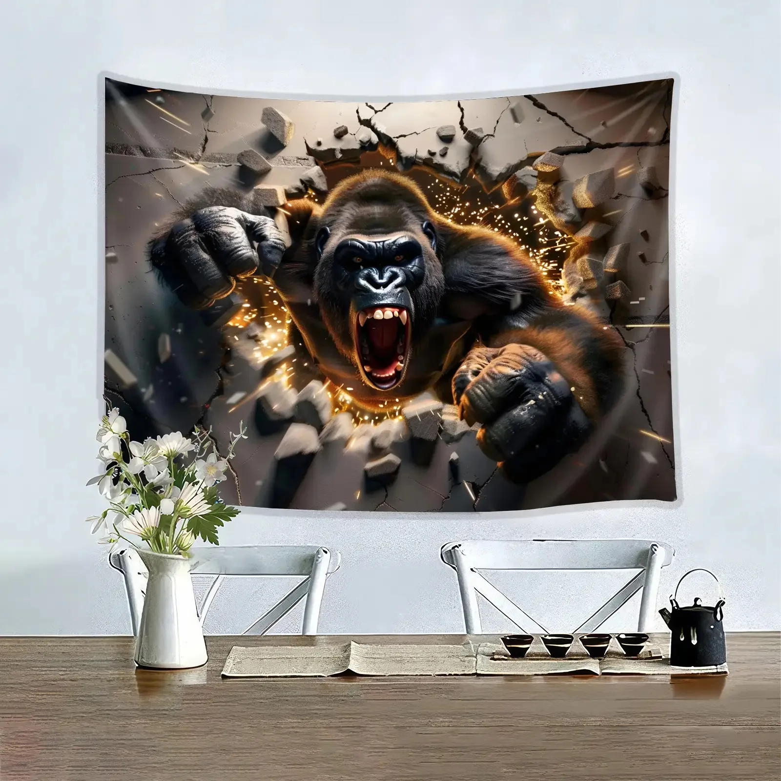 Powerful Gorilla Breaking Wall Tapestry, Angry Ape with Sparks Effect Wall Art, Man Cave & Game Room Decor Extra large size