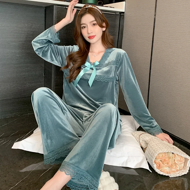 2PCS Bow Applique Pullover Pants Velour Pajamas Set Autumn Winter Velvet Sleepwear  Women V-Neck Pyjama Suit Femme Home Clothes