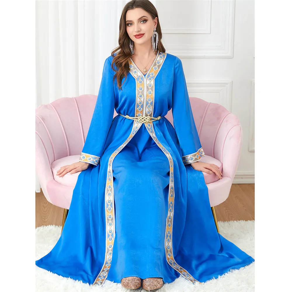 

Абая для женщин, мусульманские комплекты из 2 предметов, платье-кафтан с вышивкой и поясом, Дубай, Турция, арабское платье Джалабия, кафтан, марокканский женский халат