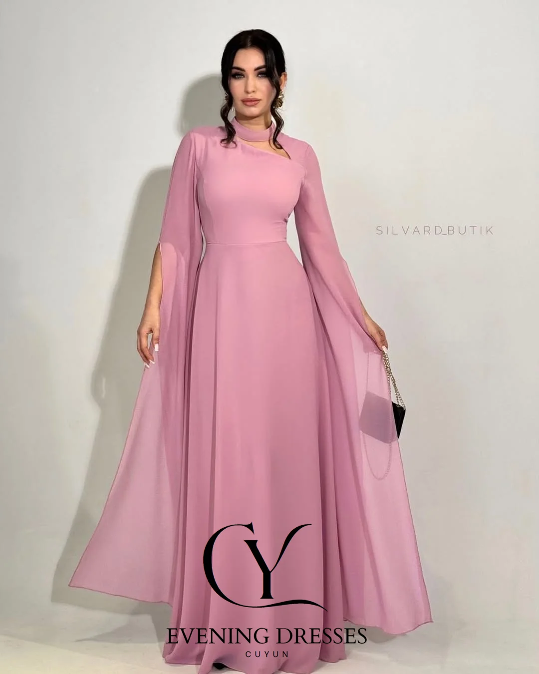 Cuyun elegante chiffon verão evento feminino vestidos de noite personalizado o-pescoço oco para fora mangas compridas com fenda vestidos de baile