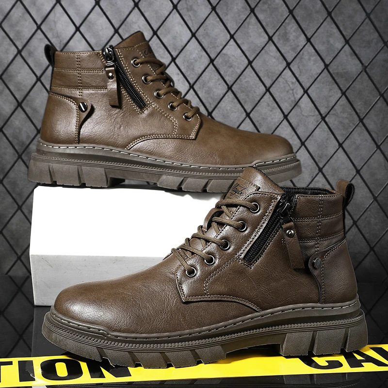 Men Retro Work Ankle Boots Autumn Winter Thick Bottom High Top Casual Boots Leather Boots Chelsea Desert Waterproof Boots Male