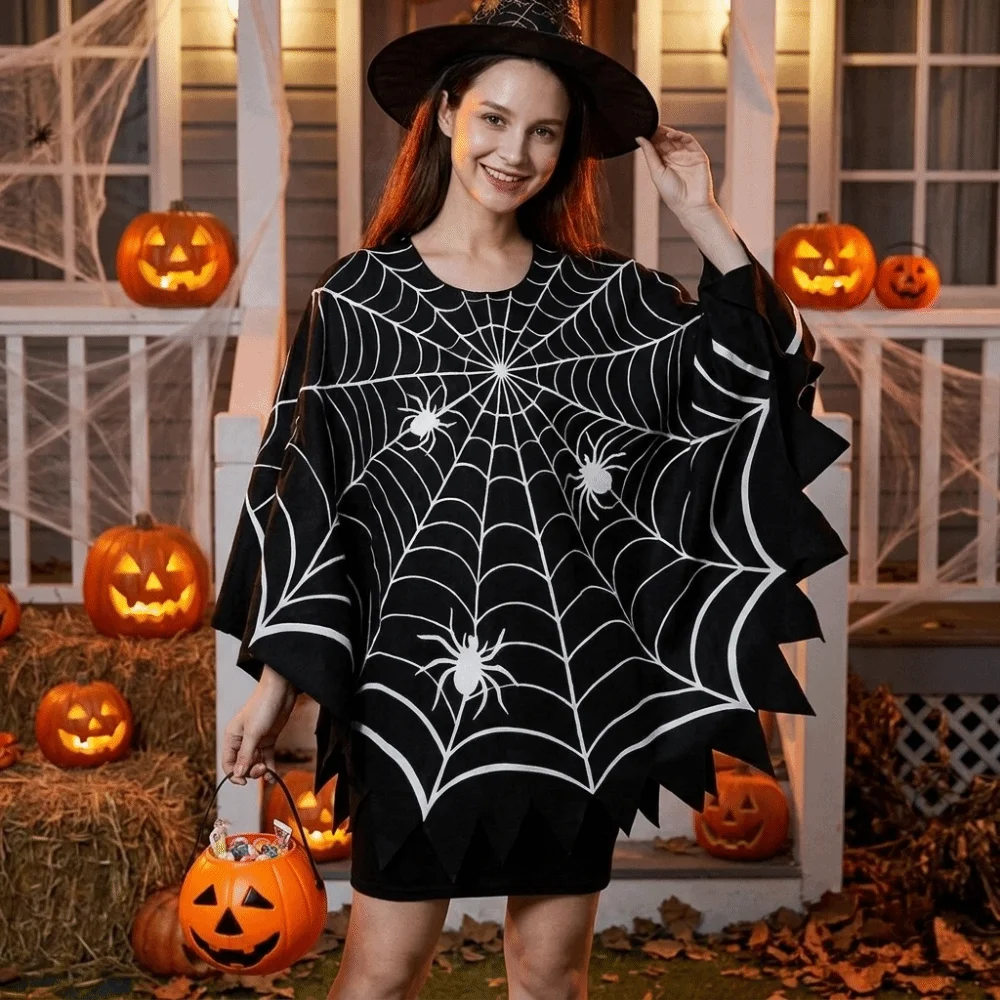 Multi-functional Scary Halloween Spider Web Cloak Creepy Black Shawl Poncho Cape Cosplay Outfit Carnival Costume