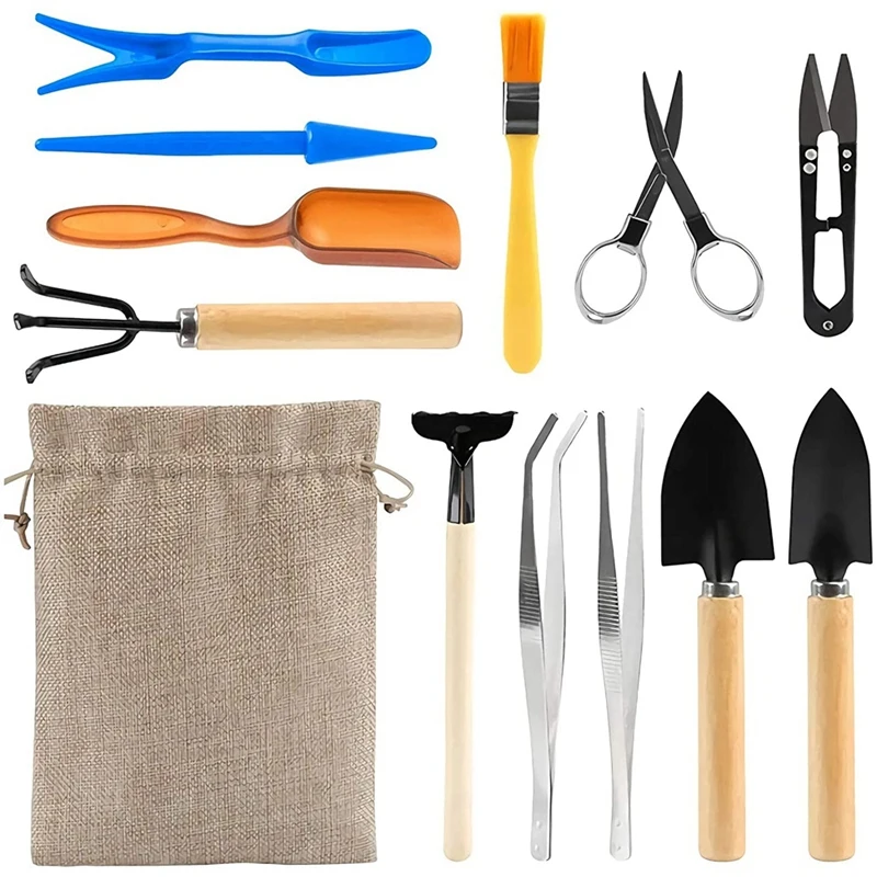 

12 Pieces Bonsai Tools Set Succulent Mini Garden Hand Tools Includes Pruning Shears, Mini Rake, Fold Scissors,Gardening