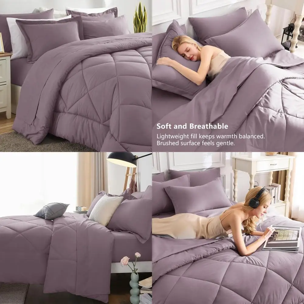 

Комплект одеял King из 7 предметов пыльно-фиолетового цвета: всесезонное постельное белье с одеялом, простынями, наволочками и шамс.