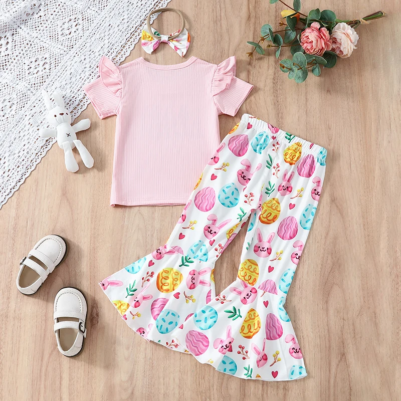 

Toddler Baby Girl Easter Outfit Bunny Rabbit Short Sleeve T-shirt Top Bell Bottom Pants Set Summer Clothes