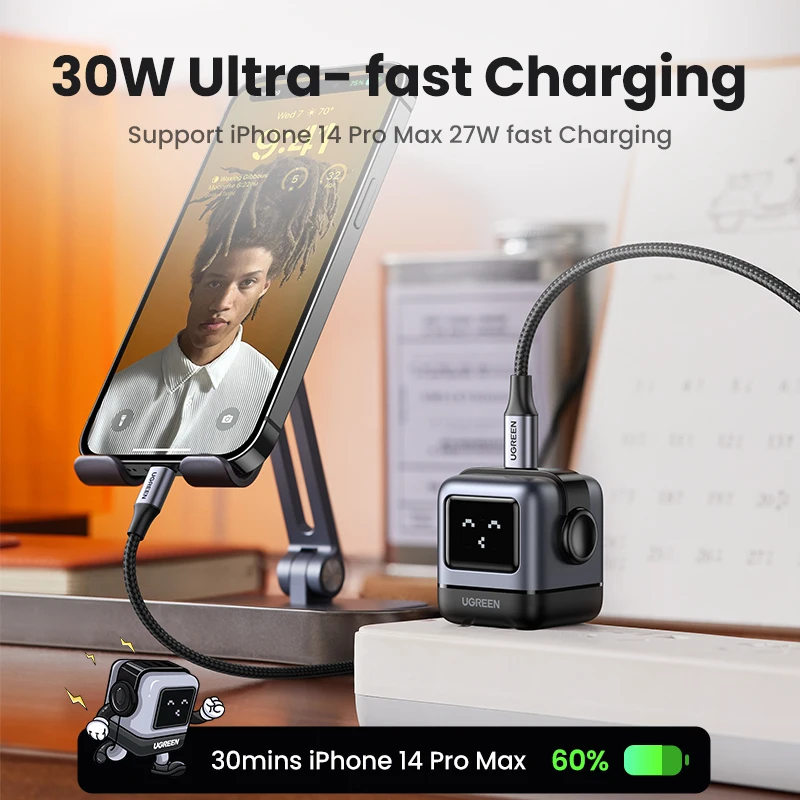 【US Plug】UGREEN 30W 65W GaN Charger Robot Design PD3.0 Fast Charger PPS for iPhone 16 15 Macbook Laptops Samsung XiaomiTablets