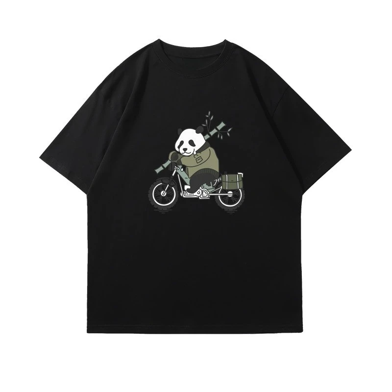 New Japan and Korean Fun Cycling Panda Funny Printed Short-sleeved T-shirt for Men and Women Off-the-shoulder Versatile Top