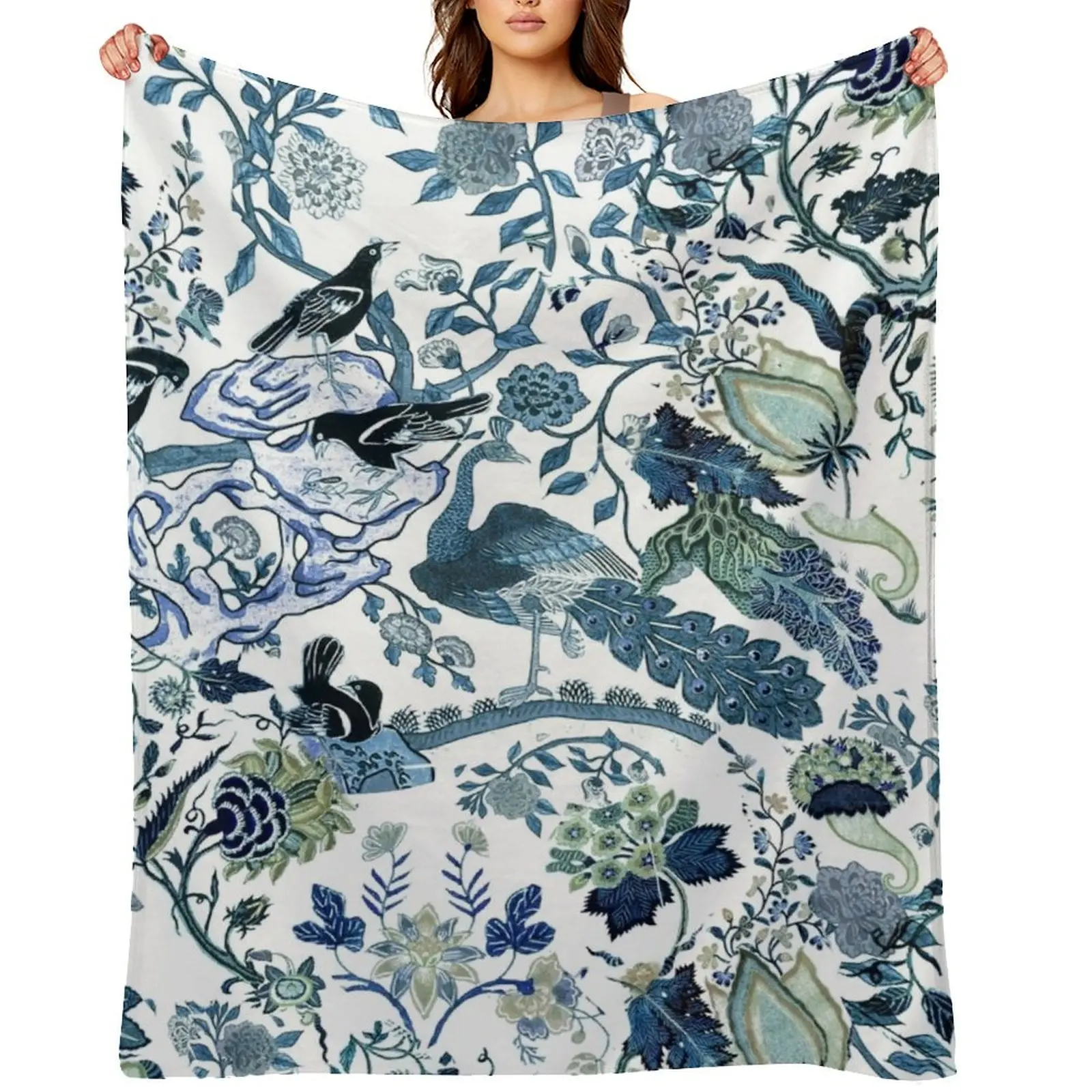 

Chinoiserie Blue, chintz, blues, greens, birds and florals Throw Blanket funny gift Multi-Purpose Flannel halloween Blankets