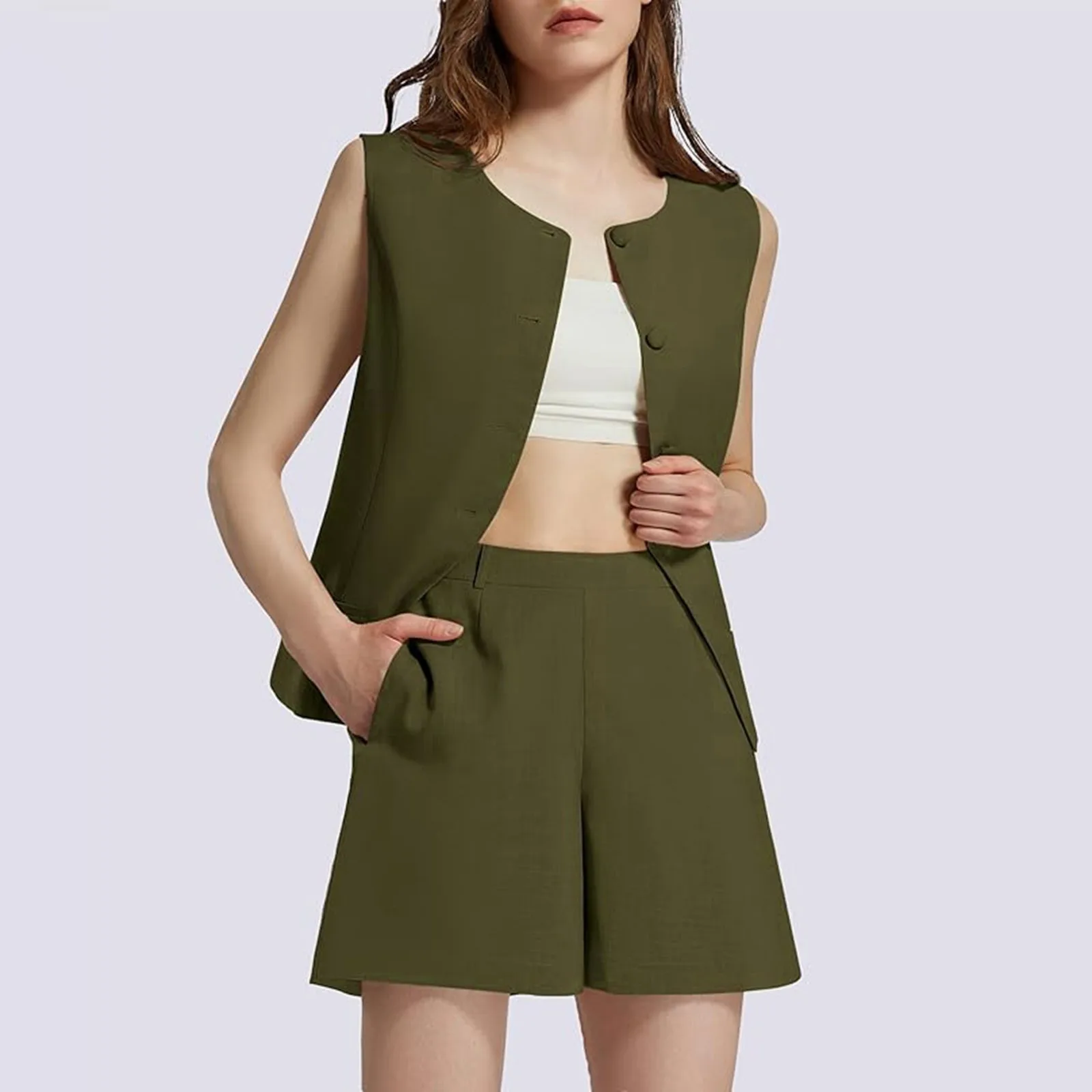 

Summer Suit Female Fashion Leisure Casual Sleeveless Loose Solid Color Shorts Waistcoat O Neck Vest Tops 2 Piece Set Outerwear