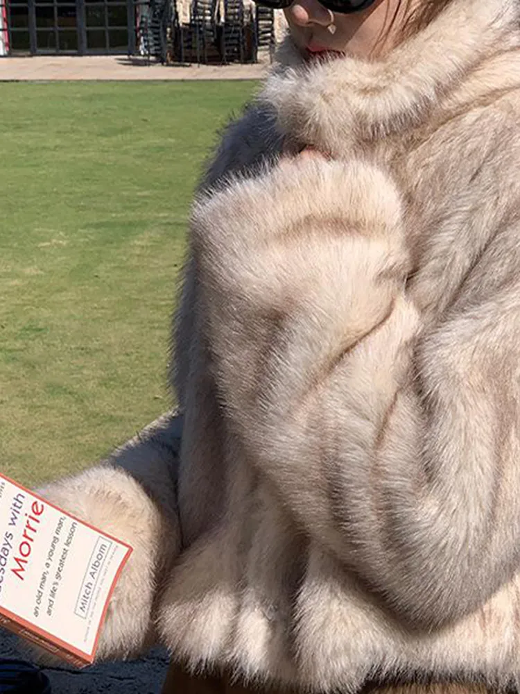 우아한 인조 모피 숏 코트 여성용 라펠 긴 소매 럭셔리 퍼리 재킷 2025 가을 겨울 신상 여성 루즈 두꺼운 아우터