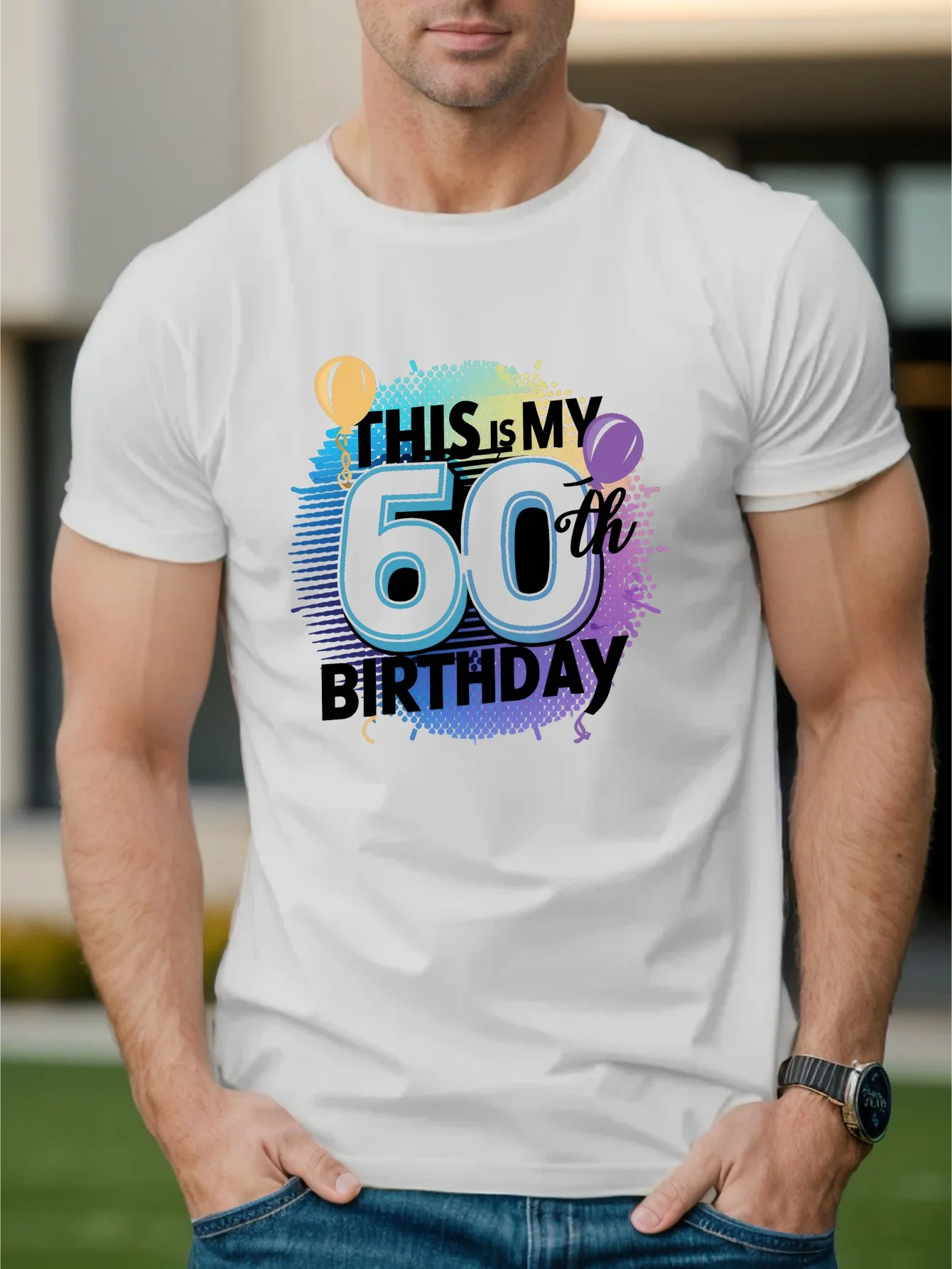 

Men's 60th Birthday Graphic T-Shirt - Casual Summer Short Sleeve Crewneck, Black with Colorful Balloons & Confetti Design, Light