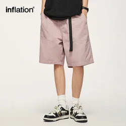 ININFLATION-pantalones cortos de pierna recta para hombre y mujer, Shorts holgados con cinturón, Color sólido, estilo Harajuku