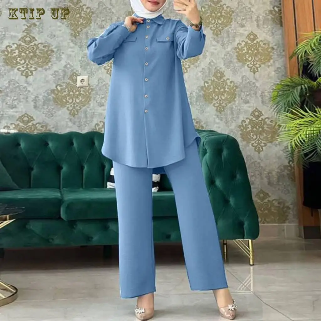 Elegant Full Sleeve Shirts and Wide Leg Pants Set for Women, Urban Tracksuits, Elegant Pant Sets, Turkish Blouse, Arab Fashion