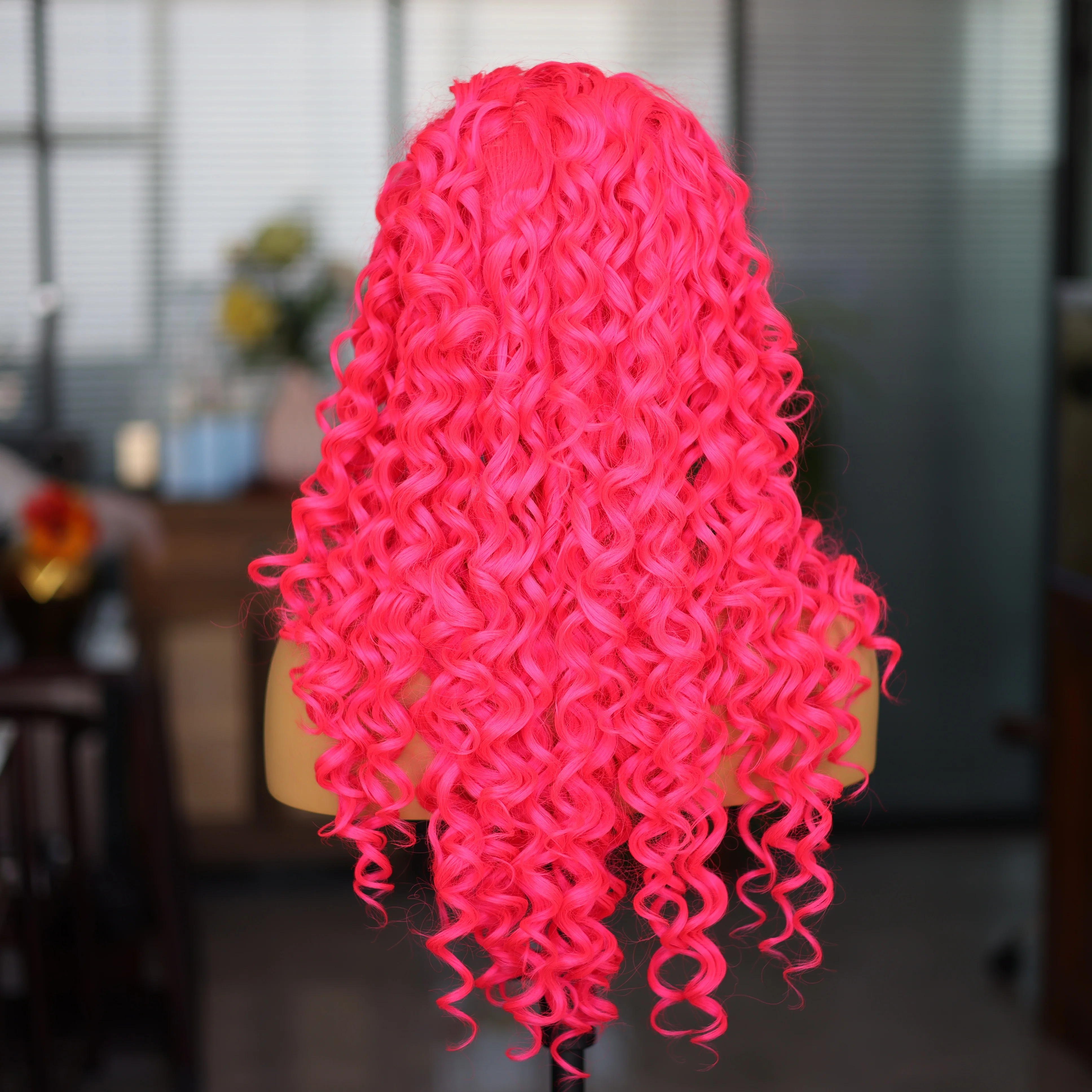 Pink Red Synthetic Long Wig Cosplay Party Concert Hand Hook Front Lace Curly Wig No Free Natural Hallline Hair Fluffy Breathable