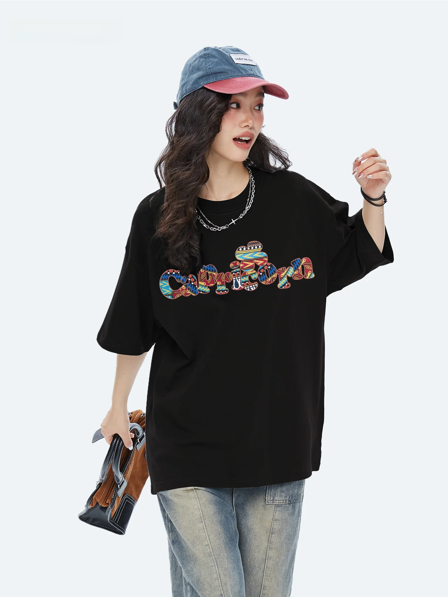 Capricorn American Four-leaf Clover Letter Pure Cotton Short Sleeve Women's Casual Versatile Trendy Loose Half Sleeve Top