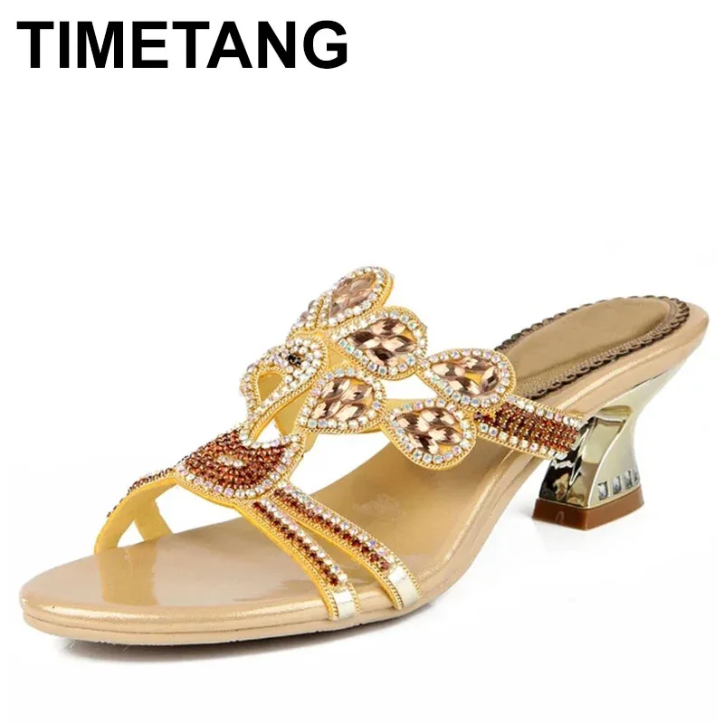 

Новинка 2025 года, популярные женские тапочки известного бренда высокого качества на каблуке, обувь из натуральной кожи со стразами, большой размер