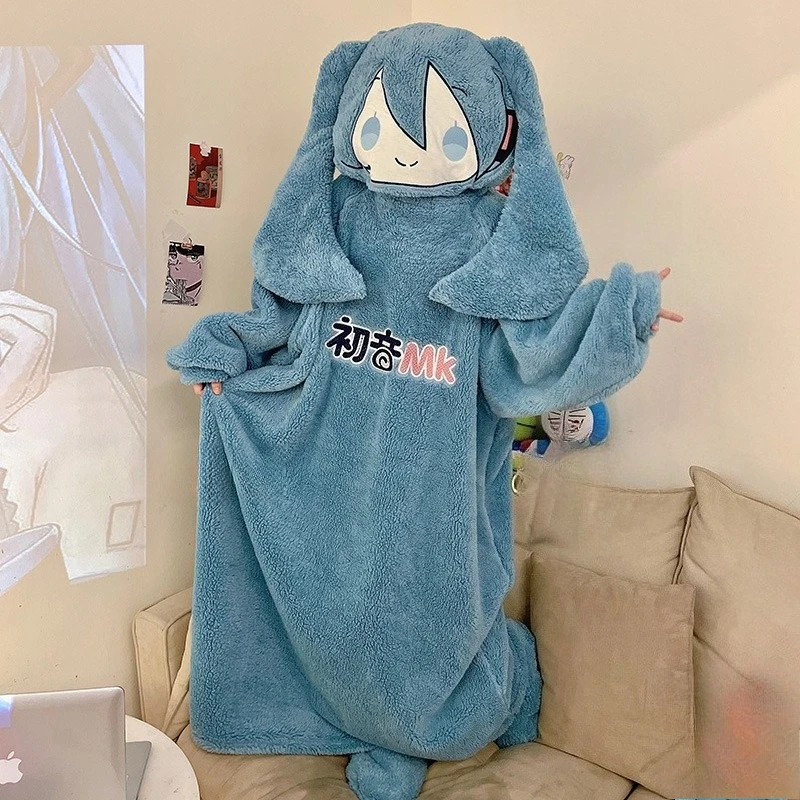 

Hatsune Miku Women Bathrobe Anime Winter Coral Fleece Hooded Pajamas Thickened Warm Dressing Gown Loose Sleepwear Home Dress