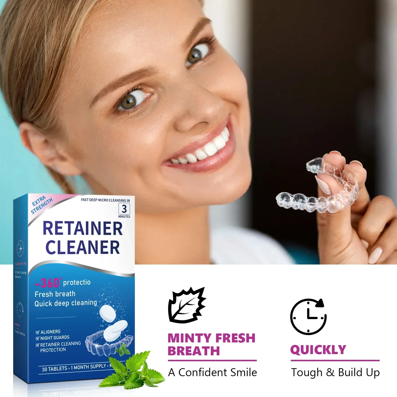 Confezione da 30 compresse detergenti per protesi: pulizia profonda effervescente portatile per protesi e fermi. Cura della manutenzione regolare.