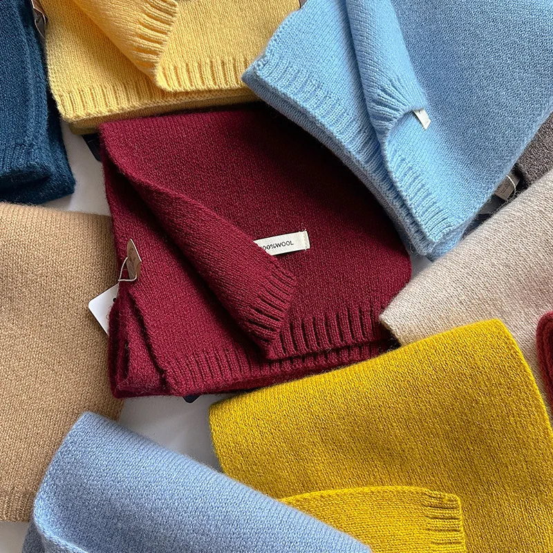 

Knitted Scarf Women 100% Wool Winter Warm Scarves Bright Solid Color Design Thickened Shawl Soft Triangle Pashmina Neck 2025 NEW
