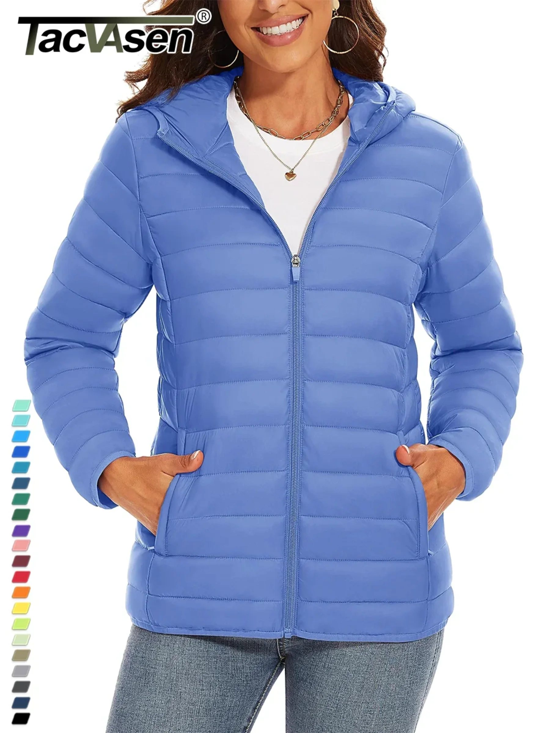 TACVASEN Chaqueta acolchada con capucha y cremallera completa para mujer, abrigos cálidos acolchados de invierno, cortavientos informal, prendas de vestir ligeras acolchadas para exteriores