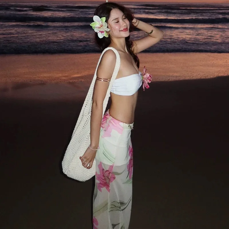 Ins Chic Y2K Trendy Tropisch Pak Dame Vrouwelijke Bloemenprint Set Strandvakantie 3D Bloem Top Hippe Rok Outfit Feest Nachtclub Set