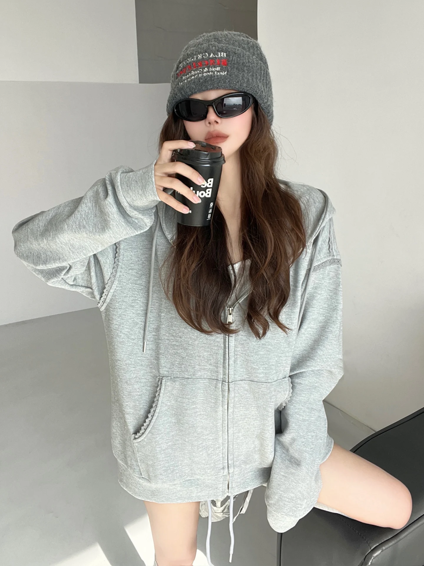 Felpa con finiture in pizzo occhi pesanti Capispalla semplice allentato da donna Autunno Cerniera Sport Top Hot Girl Street Sle