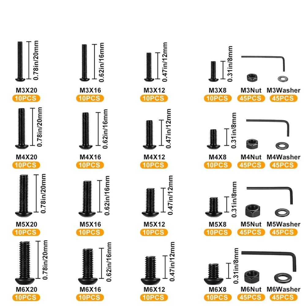 520pcs M3 M4 M5 M6 Black Screws Washer Round Head Hexagon Socket Screws Sets Carbon Steel 10.9 Grade Screw and Nuts Combination