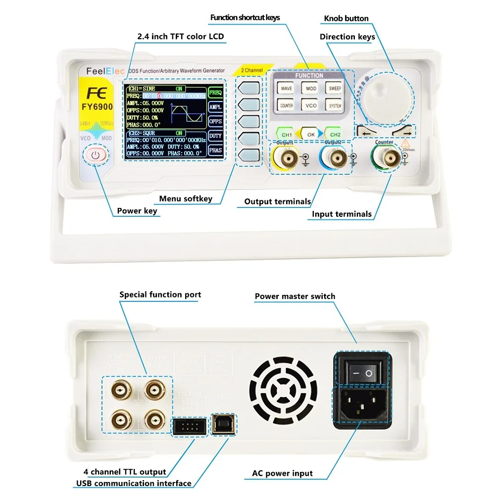 Imagem -06 - Função Gerador Digital Signal Medidor Waveform Arbitrária Tft Dual Channel Fonte de Contagem de Freqüência am fm Fy6900 100 Mhz