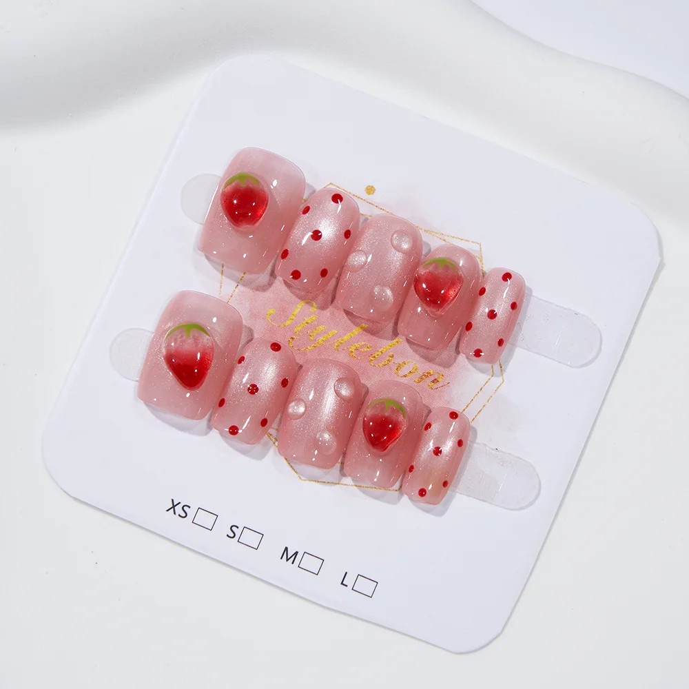 10개 수제 프렌치 캣아이 딸기 물방울 무늬 풀커버 네일 팁 여성용 & 소녀용 탈부착 가능 웨어러블 네일