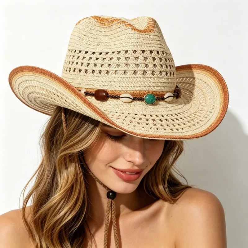Western cowboy-style straw , ethnic-inspired , vacation protection , travel sun , woven outdoor hat