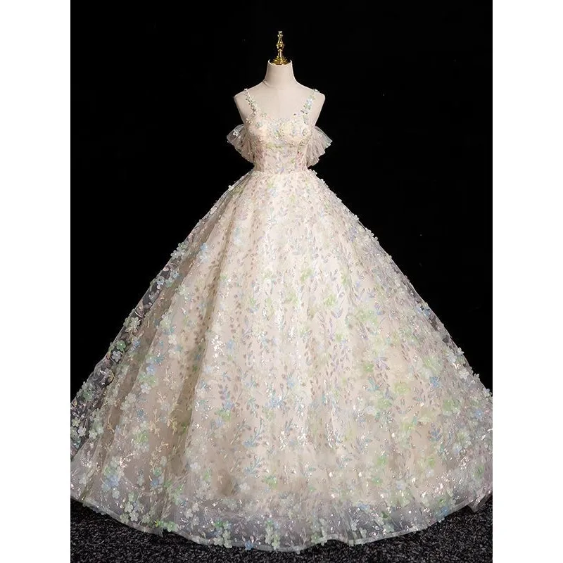 Vestido de noche champán ligero de lujo para mujer, apliques de flores con hombros descubiertos, largo hasta el suelo, corte en A, vestido de graduación, Vestidos para quinceañeras
