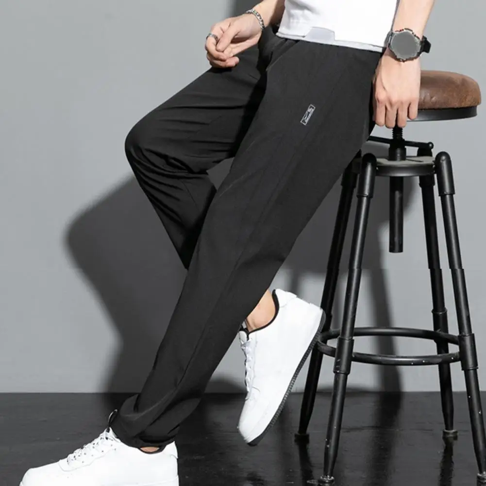 Calça casual monocromática masculina, calça respirável, secagem rápida, cintura elástica, bolsos para conforto, verão