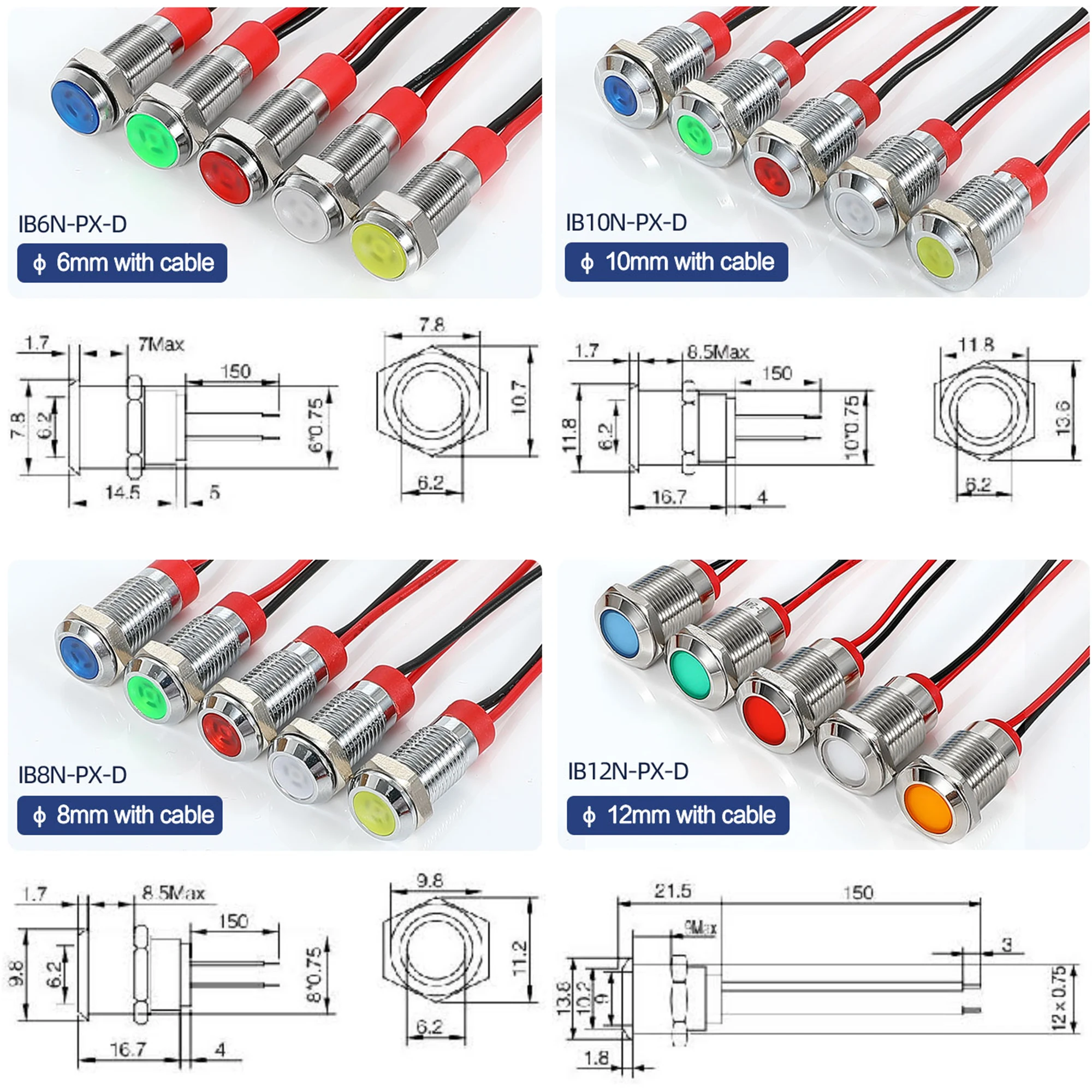 10mm Metal Indicator Light With Wire Indicator Light LED Signal Light IP68 Waterproof Indicator Light