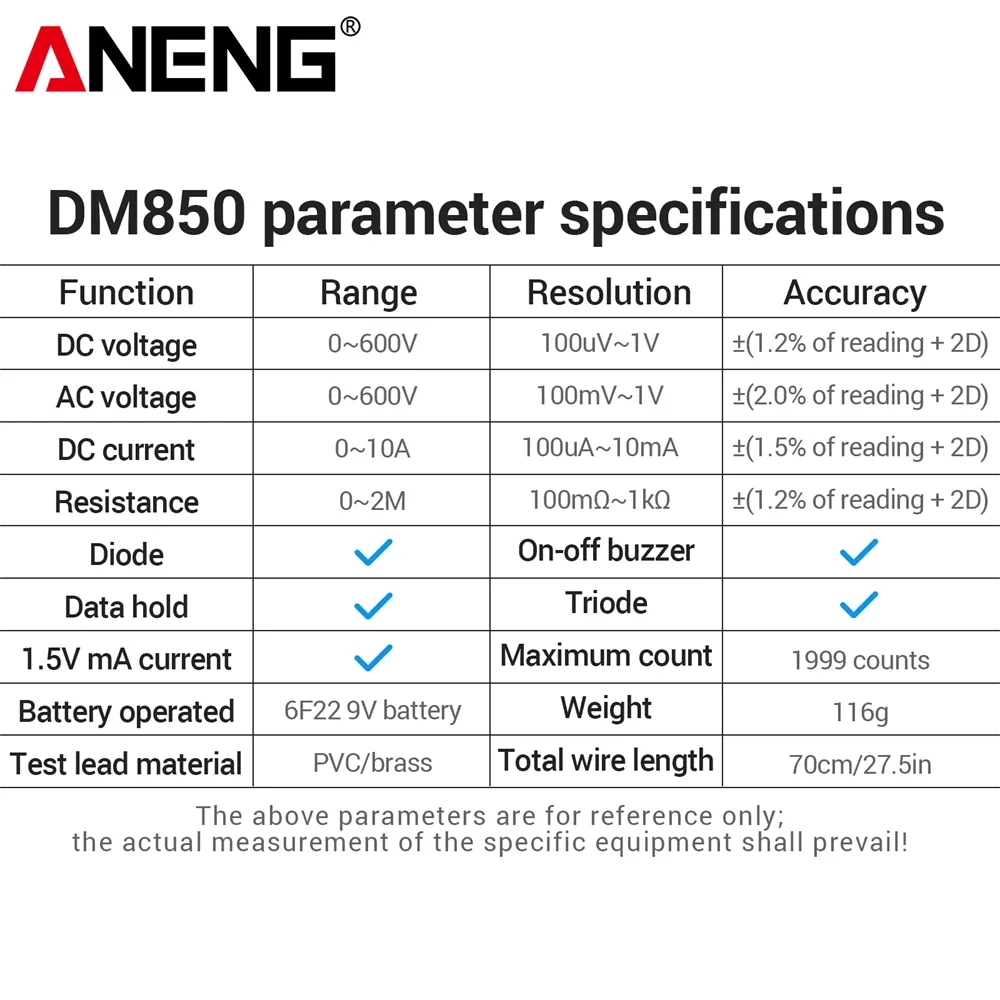 ANENG DM850 Digital Multimeter Free Gift B20 Voltage Test PenAC DC Voltage Current Resistance Capacitance Continuity Tester   El