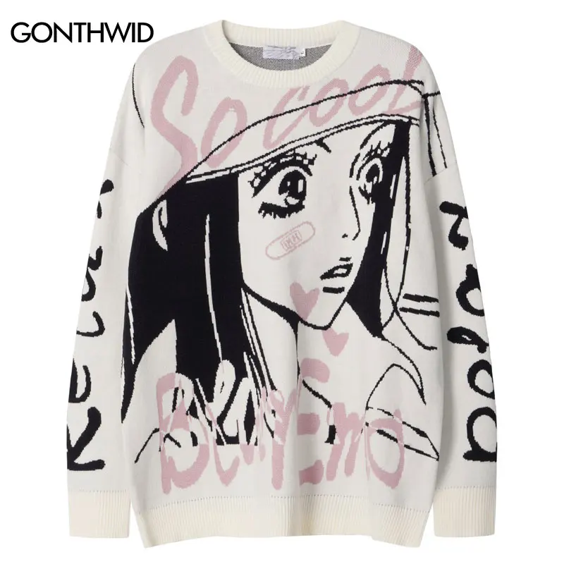 

Harajuku Sweater Y2K Japanese Cartoon Anime Knitted Pullover Jumpers Streetwear Men Hip Hop Casual Loose Gothic Sweaters