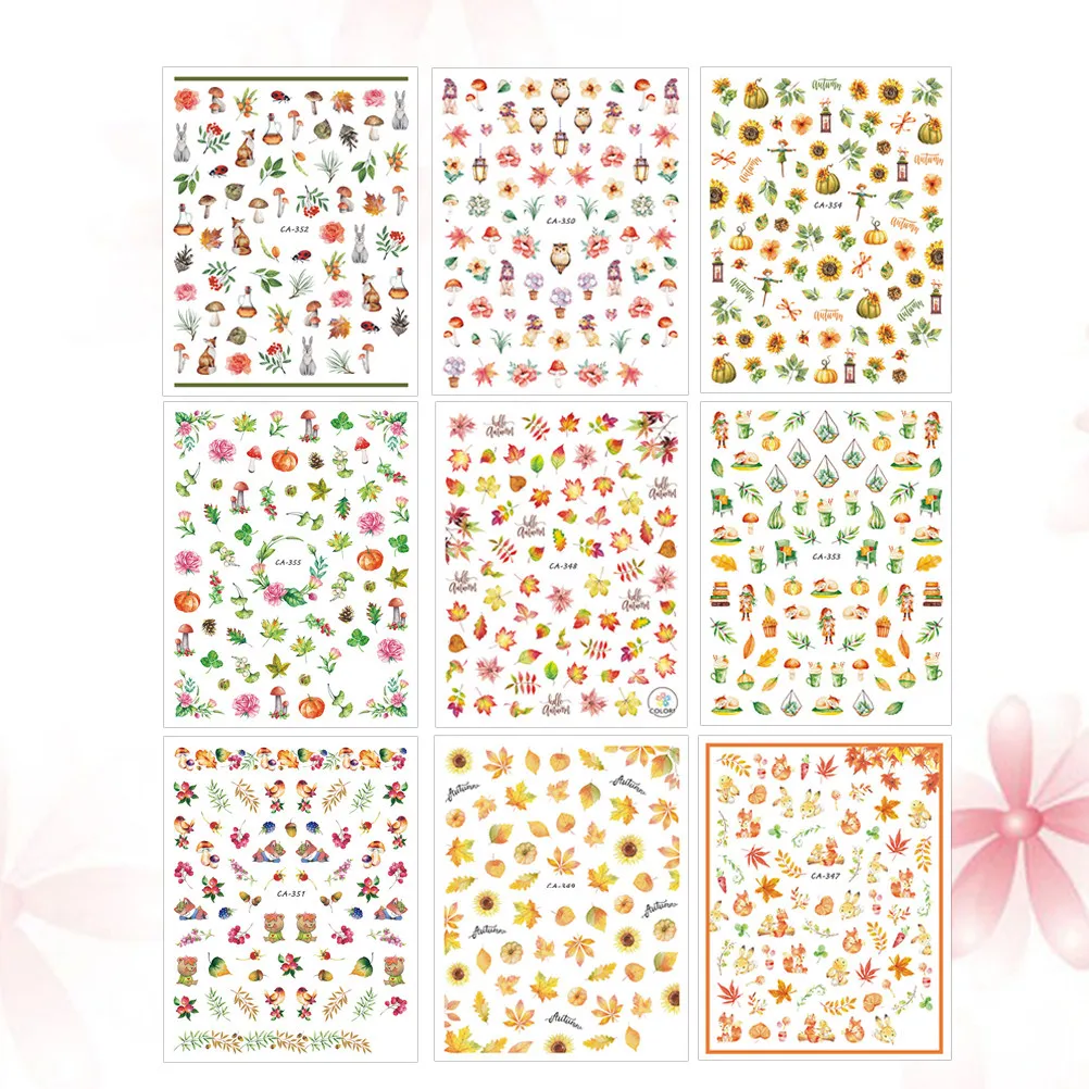 

9 шт. наклеек с кленовыми листьями, осенняя тематика, декор для ногтей своими руками, для Хэллоуина, Рождества, вечеринок, принадлежности для маникюра, наклейки для ногтей