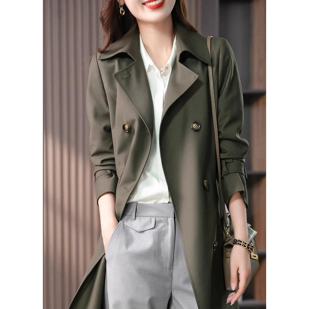 Women Dark Olive Long Trench Coat Lapel Double Breasted Waist Belt Epaulet Windproof Business Office Windbreaker Jacket